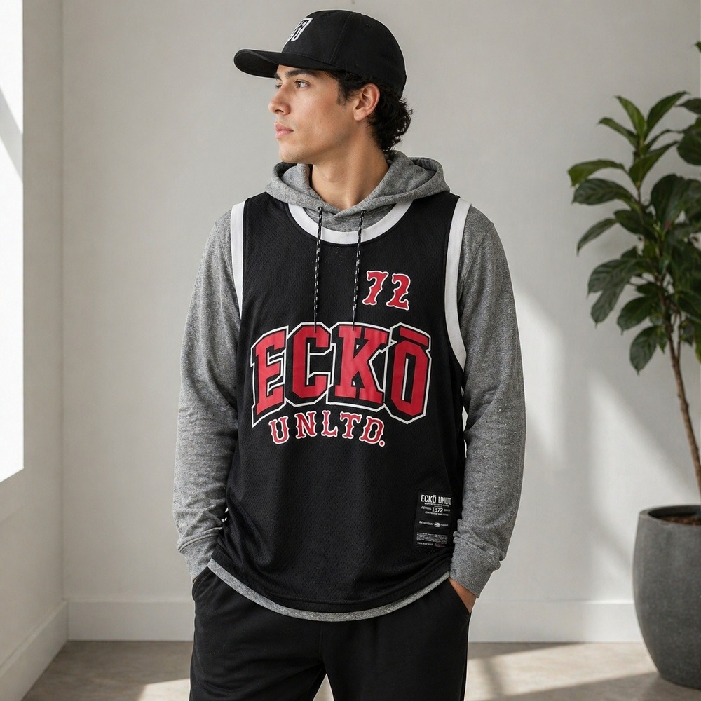 Ecko Unltd Mens Hoodie Jersey Combo Black Mesh Layered Top Gray Large‎